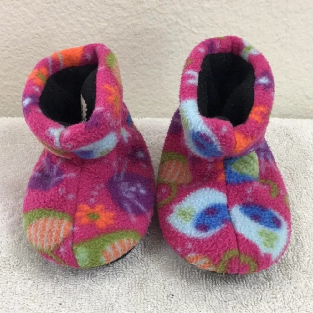 3/$25 Acorn Pink Abstract Floral Fleece Bootie House Slipper Shoe Size 6-12M